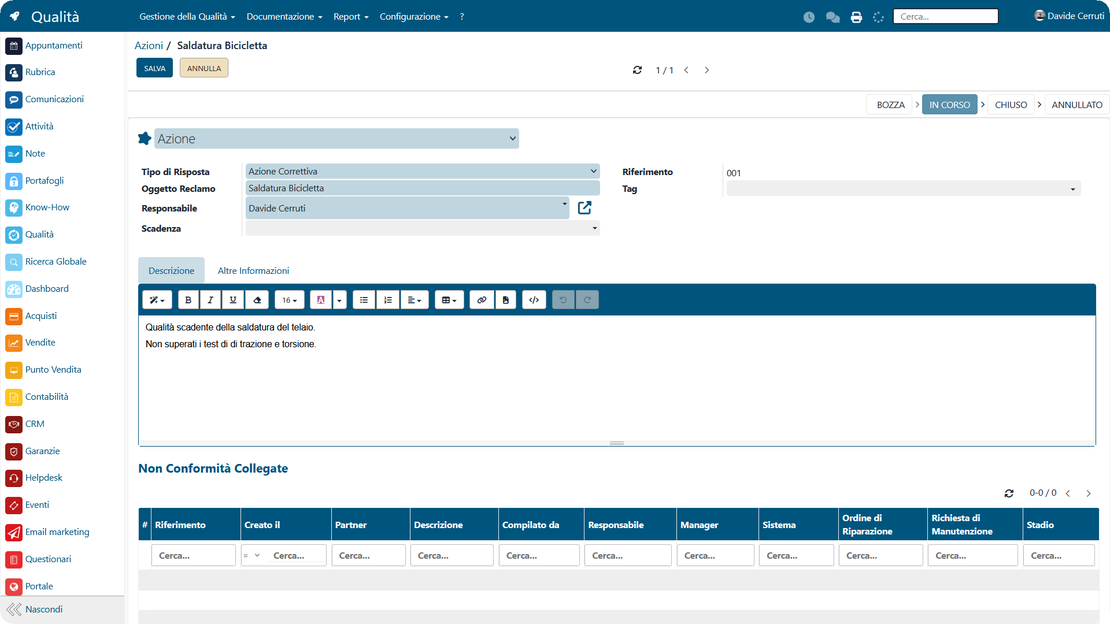 Actions correctives et préventives dans Zelo ERP : responsables, échéances et avancement