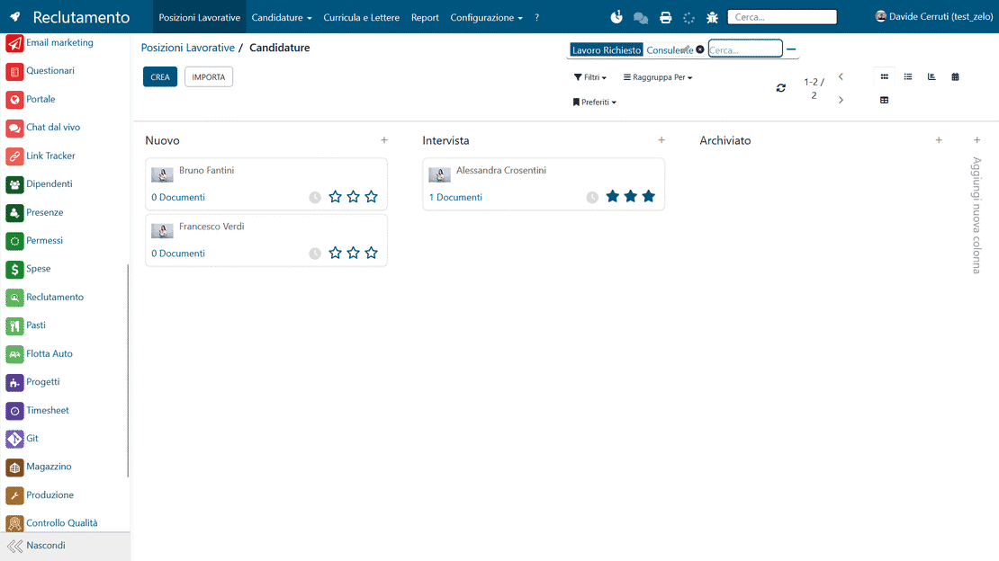 Vue kanban du recrutement dans Zelo ERP : candidatures dans les phases du pipeline de sélection