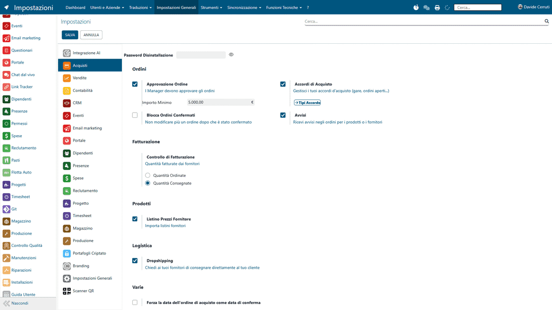 Module Paramètres de Zelo ERP : rôles, autorisations utilisateur et modèles de documents