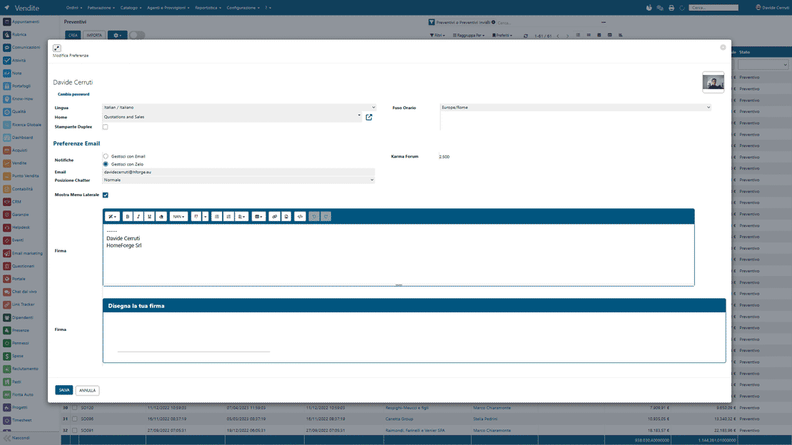 Préférences utilisateur dans Zelo ERP : langue, notifications, fuseau horaire et page d'accueil