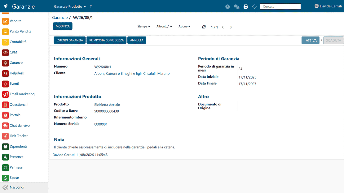 Module Garanties de Zelo ERP : fiche garantie avec client, produit, numéro de série et dates de couverture