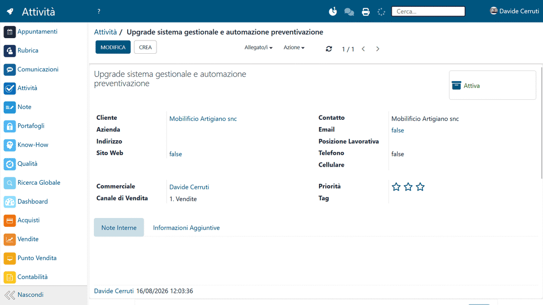 Attività in Zelo ERP: collegamento a clienti, preventivi e progetti