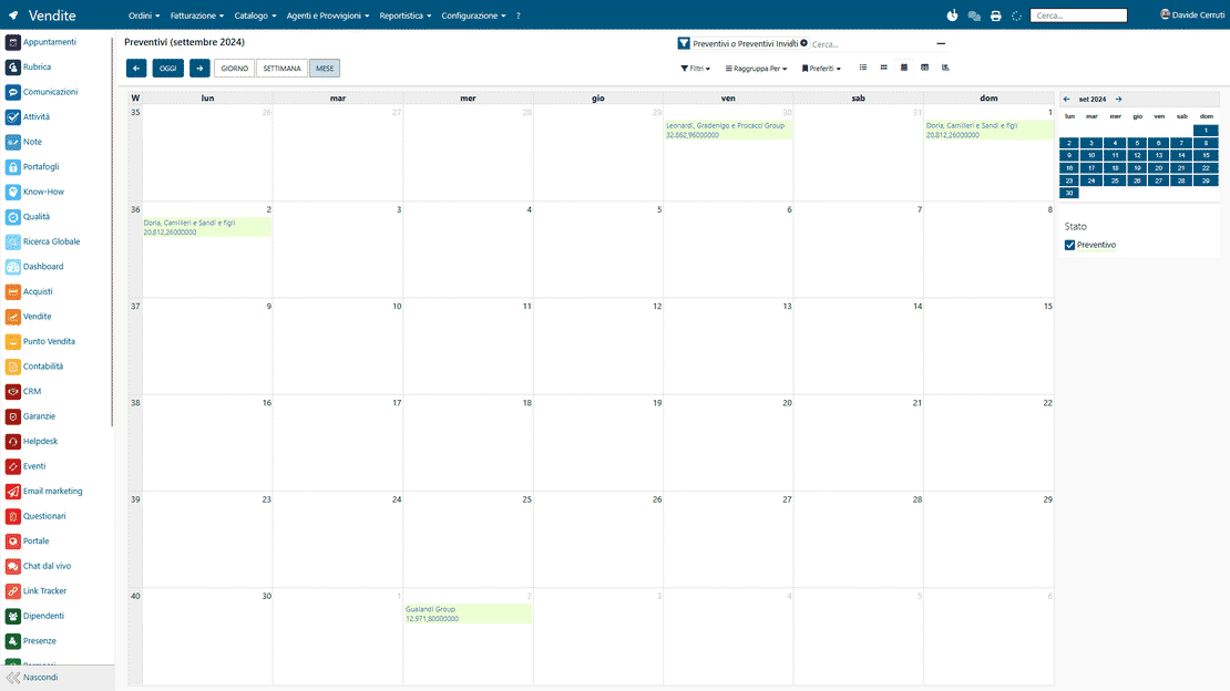 Calendario in Zelo ERP: agenda dedicata a vendite e progetti