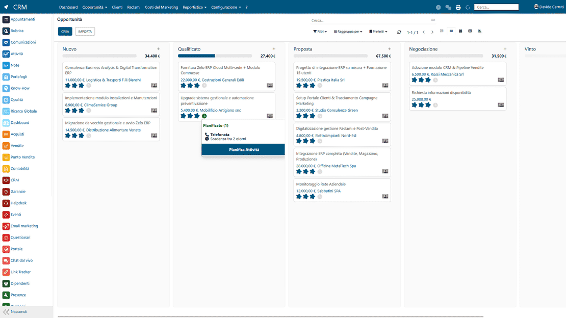 Modulo CRM di Zelo ERP: pipeline delle opportunità e gestione dei clienti