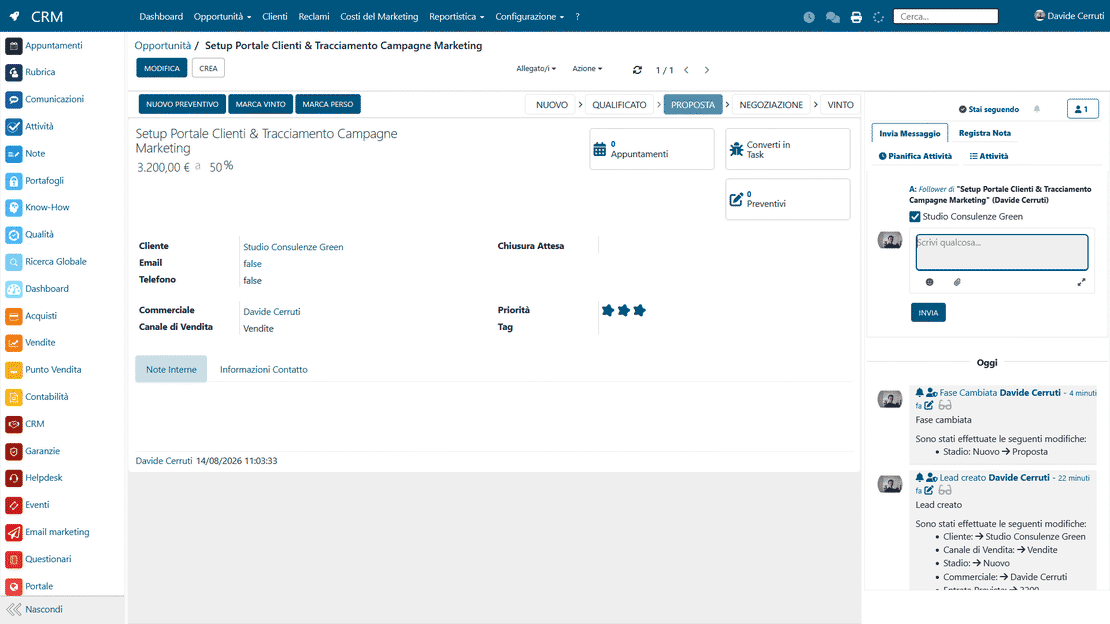 Dati clienti centralizzati nel CRM di Zelo ERP: lead, opportunità e ordini in una scheda unica