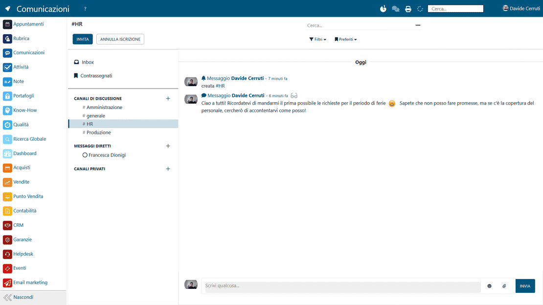 Comunicazioni in Zelo ERP: canali di discussione pubblici e privati
