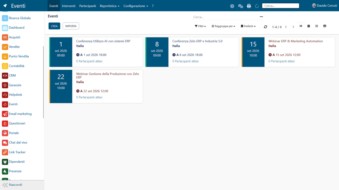 Modulo Gestione Eventi di Zelo ERP: configurazione di un evento