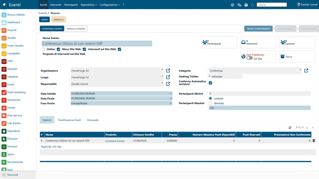 Gestione eventi in Zelo ERP: configurazione e ticketing