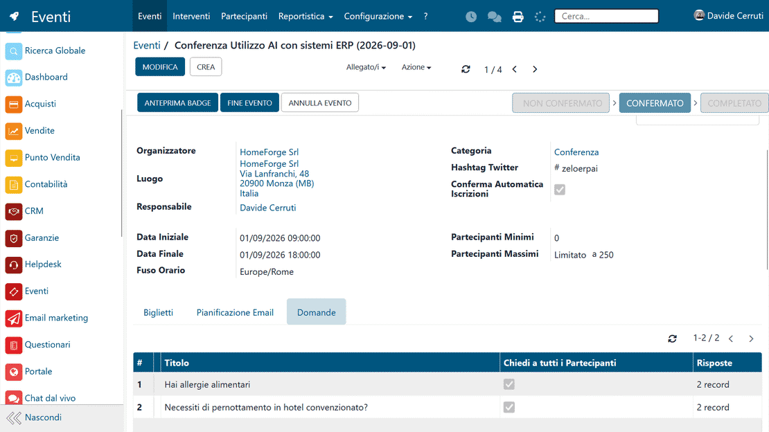 Gestione eventi in Zelo ERP: domande ai partecipanti e logistica