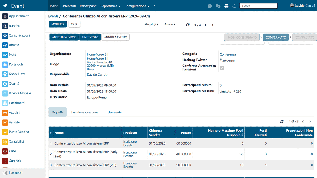 Gestione eventi in Zelo ERP: prenotazioni e posti disponibili