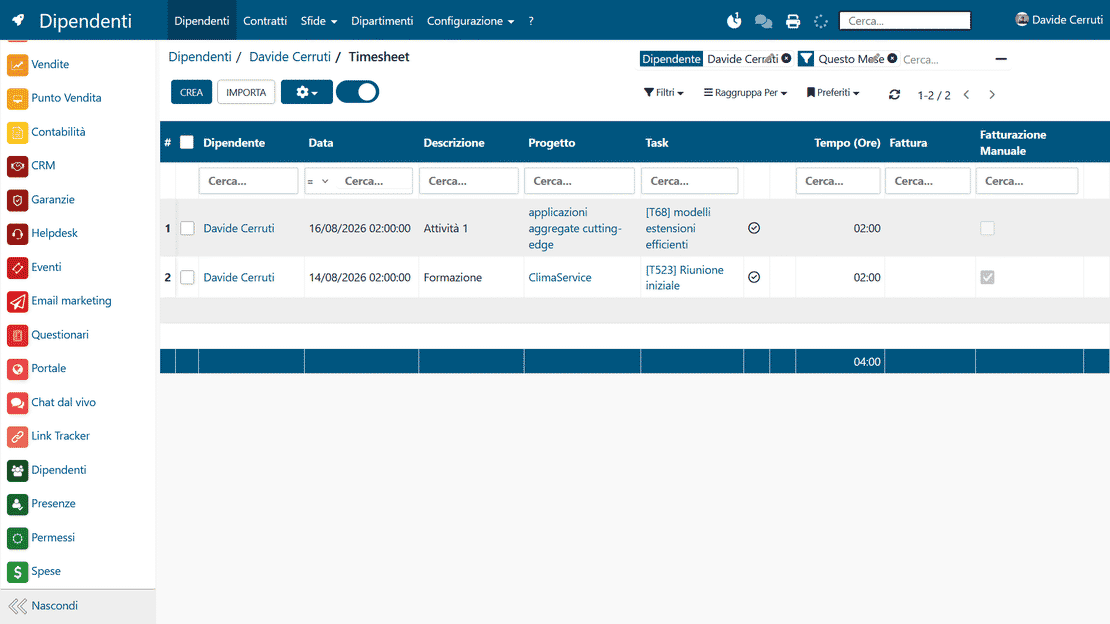 Integrazione ERP in Zelo ERP: dati del personale in progetti, timesheet e rimborsi spese
