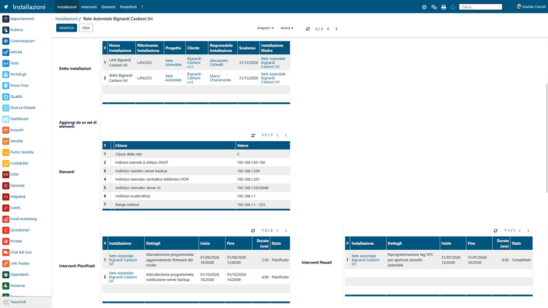 Cronologia degli interventi in Zelo ERP: storico attività ed esiti per ogni installazione