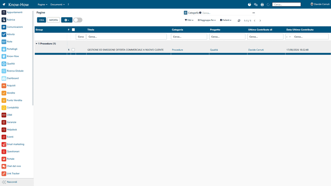 Procedure aziendali in Zelo ERP: categorie, pagine e sotto-categorie del manuale