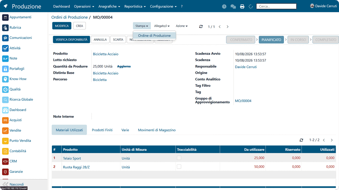 Controllo materiali negli ordini di produzione in Zelo ERP: disponibilità e scarico dal magazzino