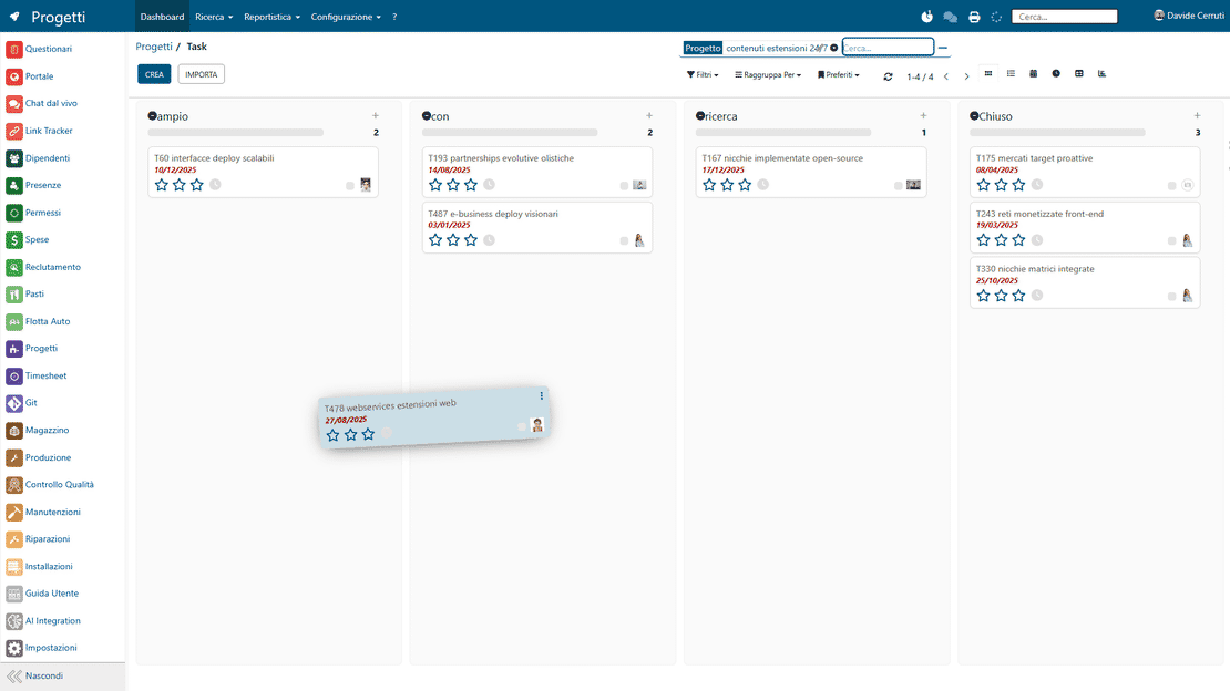 Gestione progetti in Zelo ERP: vista kanban dei task con stadi di avanzamento