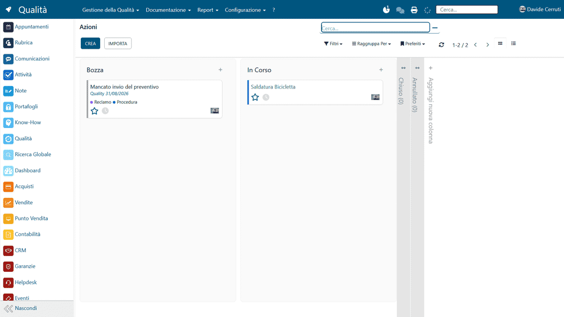 Modulo Qualità di Zelo ERP: non conformità, rischi e azioni correttive in vista Kanban