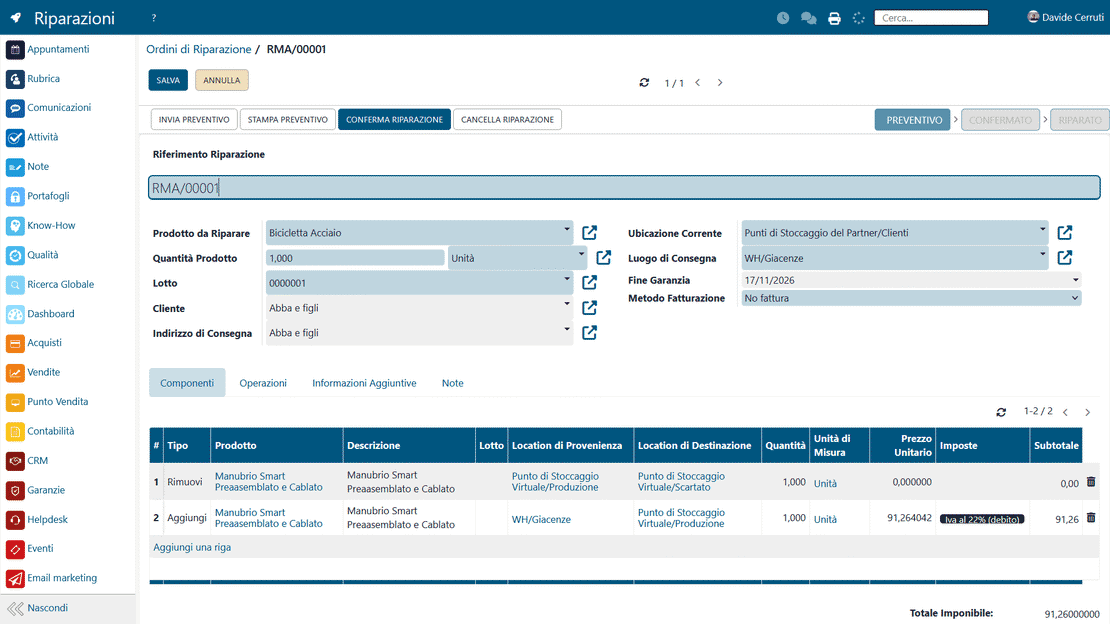 Modulo Riparazioni di Zelo ERP: preventivo di riparazione con componenti, manodopera e garanzia