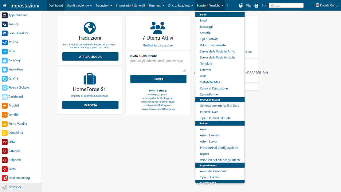 Impostazioni tecniche in Zelo ERP: server di posta, traduzioni e importazioni