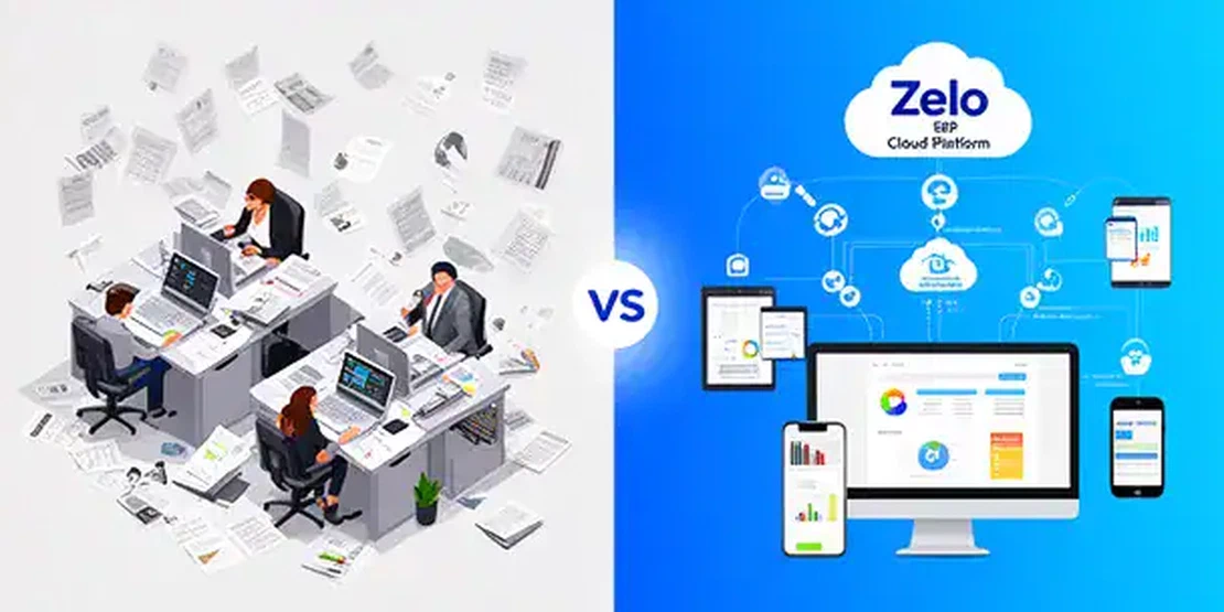 Infografica che mostra la transizione dal lavoro tradizionale disorganizzato allo smart working digitale con Zelo ERP, con sincronizzazione dei dati e collaborazione integrata