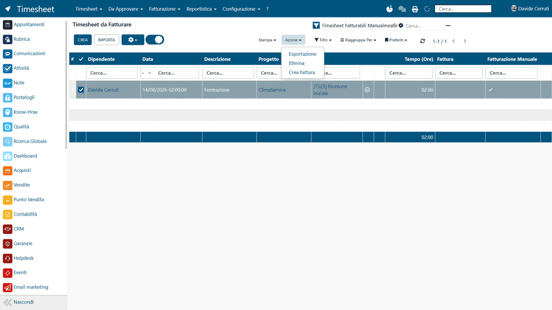 Fatturazione a consuntivo in Zelo ERP: righe di fattura dai timesheet e margine analitico del progetto