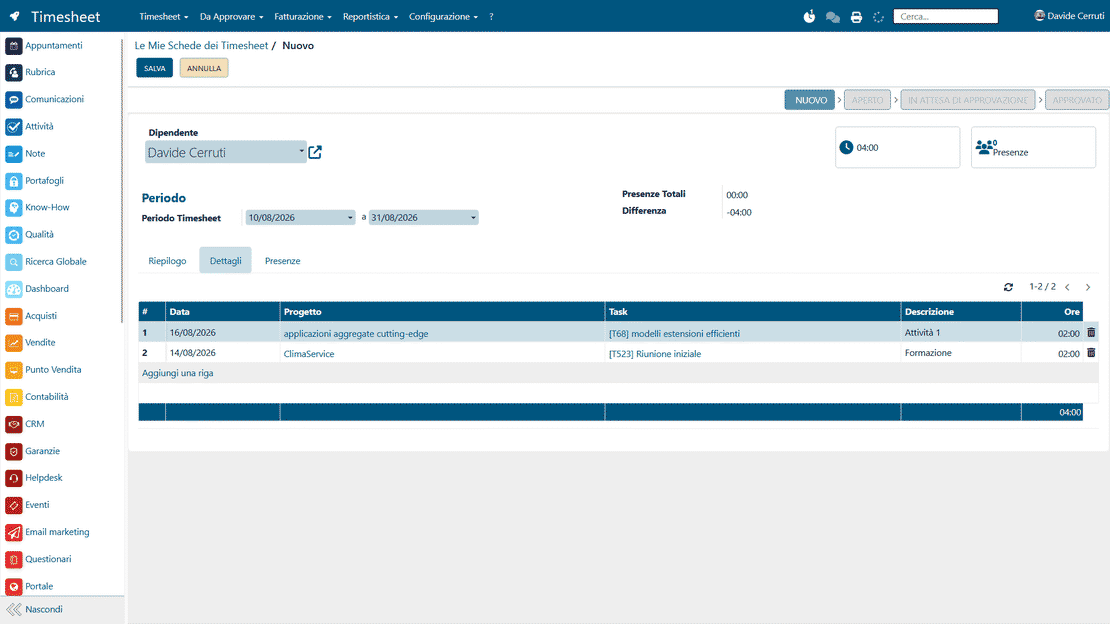 Schede timesheet per periodo in Zelo ERP: riepilogo settimanale o mensile delle ore per utente