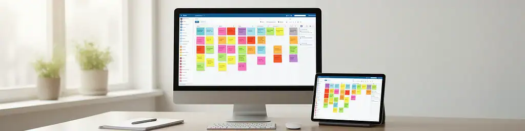 Mockup schermata del software Zelo ERP con bacheca kanban per note digitali aziendali visualizzata su PC e tablet
