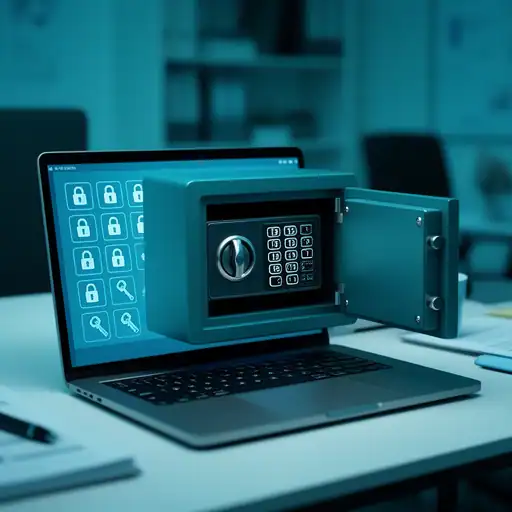 Laptop con cassaforte digitale sullo schermo a simbolo del portafoglio password aziendale criptato di Zelo ERP