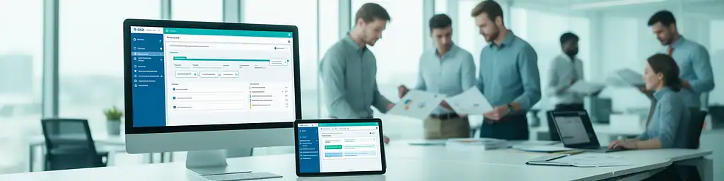 Schermata di gestione del know how aziendale su PC e tablet in ufficio moderno