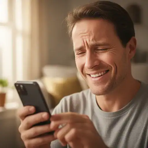 Utente sorridente che utilizza uno smartphone in un ambiente domestico confortevole.