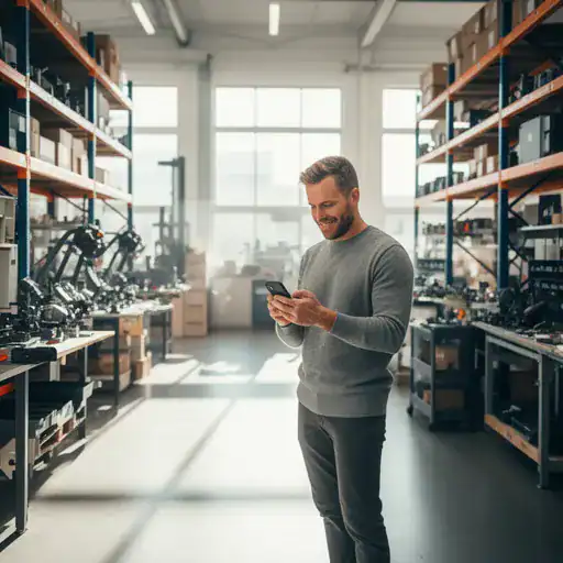 Cliente che consulta giacenze e documenti dal proprio smartphone in un ambiente di lavoro.