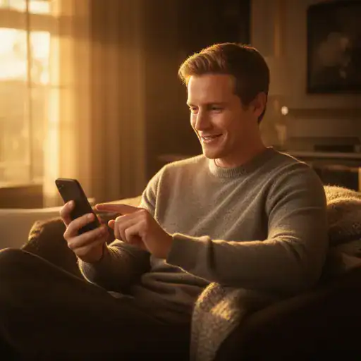 Cliente rilassato che utilizza uno smartphone in un interno domestico elegante illuminato dalla luce calda del tramonto.