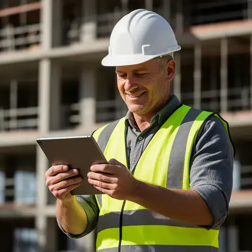 Supervisore di cantiere caucasico che verifica le ore lavorate tramite tablet geolocalizzato in un sito di costruzione.