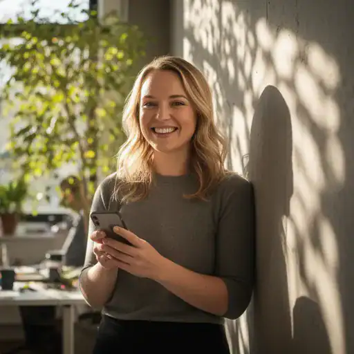 Giovane donna che sorride guardando lo smartphone in un ambiente di lavoro luminoso e moderno.