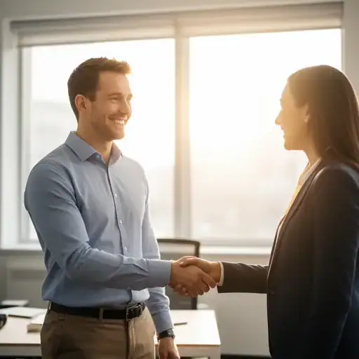 Stretta di mano tra due professionisti in un ufficio luminoso e accogliente