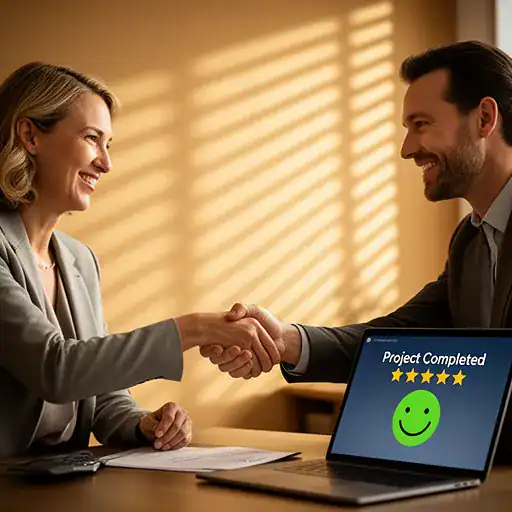 Consulente e cliente che si stringono la mano davanti a un report di progetto completato con successo