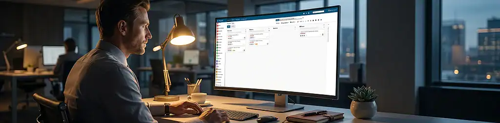 Schermata del software gestionale progetti Zelo ERP con vista Kanban su un monitor desktop in un ufficio