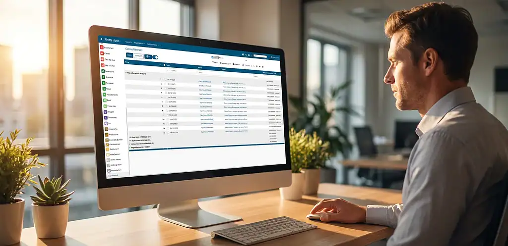 Un uomo in ufficio utilizza il software Zelo ERP su un computer desktop per la gestione della flotta auto.