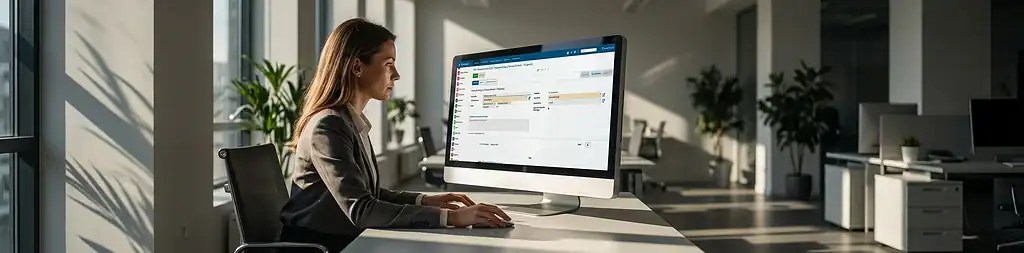 Responsabile HR che approva una richiesta di permesso su un PC con Zelo ERP in un ufficio luminoso.