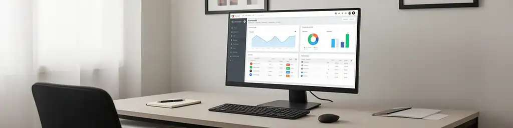 Schermata gestionale vendite Zelo ERP con preventivi, ordini e grafici performance su monitor in ufficio PMI