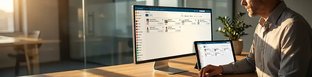 Zelo ERP visualizzato su un PC e un tablet in un ufficio moderno.