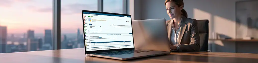 Zelo ERP visualizzato su un laptop in un ufficio moderno con illuminazione naturale radente.