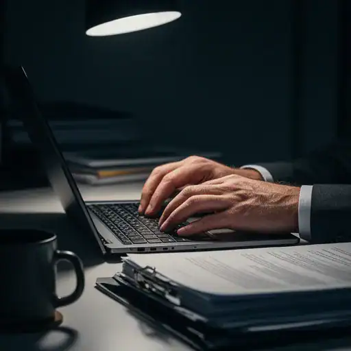 Mani di un contabile che lavora al computer in una postazione ordinata