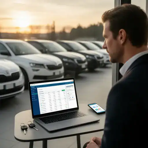 Fila di auto aziendali in piazzale con laptop che mostra una dashboard di gestione flotta