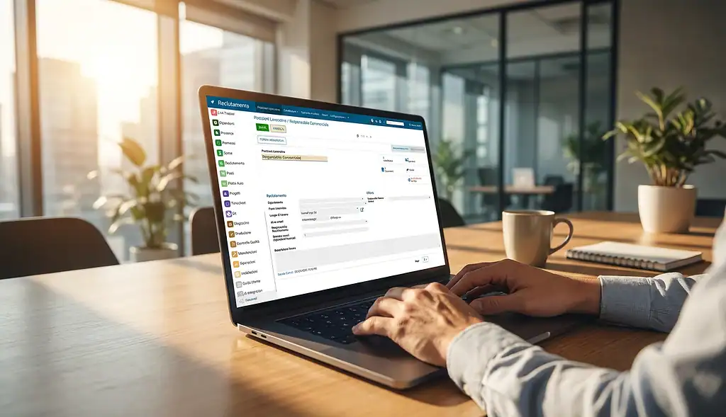 Un professionista utilizza il modulo di reclutamento di Zelo ERP su un laptop in un ufficio moderno e soleggiato.