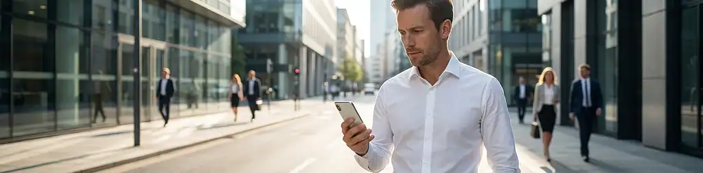 Un uomo d'affari in camicia bianca registra il suo ingresso al lavoro utilizzando l'app mobile Zelo ERP sul suo smartphone argentato, in una moderna strada cittadina.