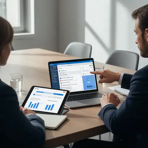 Riunione tra cliente e fornitore con laptop che mostra report progetti e collegamento task-commit in un gestionale