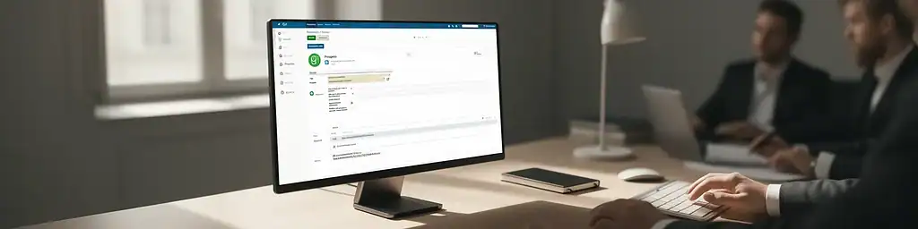 Schermata di Zelo ERP su monitor con progetto collegato a Git, task e commit associati in un ufficio moderno