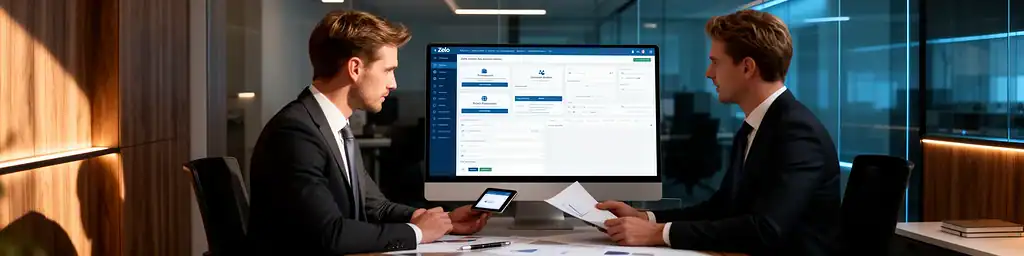 Manager aziendali utilizzano Zelo ERP su un monitor per configurare utenti, documenti e impostazioni operative dell’azienda