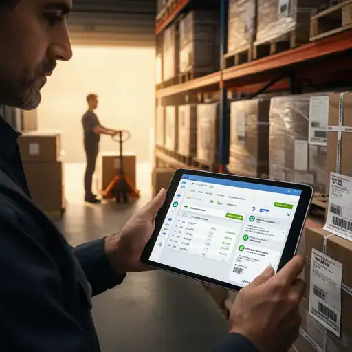 Responsabile logistica con tablet e colli su bancali in area spedizioni con tracciabilità lotti