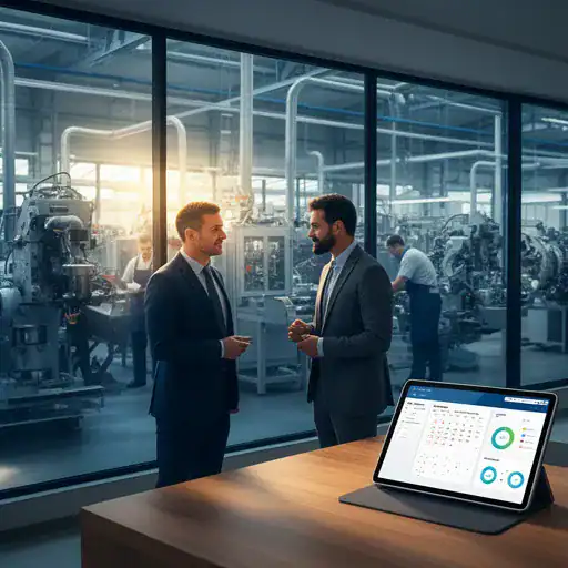 Responsabile aziendale e cliente soddisfatto in un ambiente produttivo organizzato con software ERP